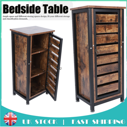 Industrial Wood Cabinet Bedside Table End Side Storage Nightstand Metal Framed