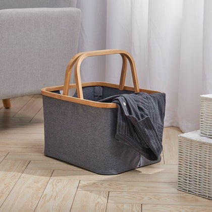 Fabric Basket With Bamboo Wood Handle Blanket Toys Storage Box Carrier Organizer