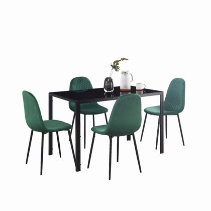 4x Green Velvet Dining Chairs Black Tempered Glass Dining Table Dining Room Set