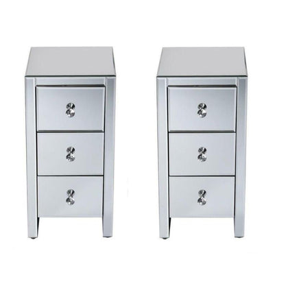 Pair of Bedside Chest Side Table 3 Drawers Cabinet Mirrored Glass Nightstand