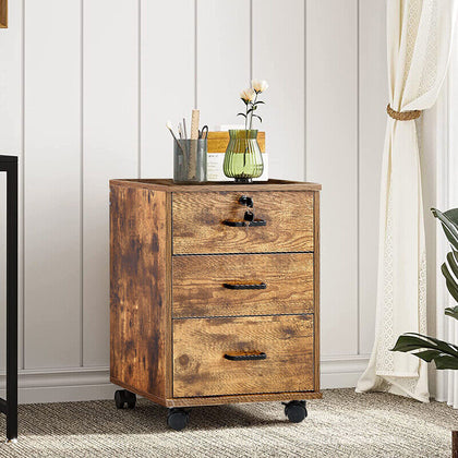 3 Drawer File Cabinet Mobile Office Cabinet with Wheels File Folder Rustic Brown