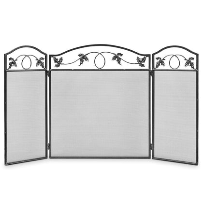 3 Panel Foldable Fireplace Guard Fire Screen Protector w/ Leaves Pattern and Met