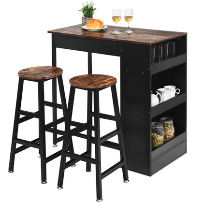3PCS Bar Table & 2 Chairs Industrial Kitchen Dining Table Set with Side Storage