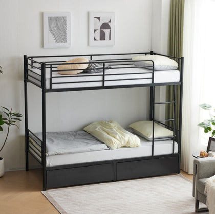 Twin Over Bunk Bed Frame Single Loft Sleeper with Two Storage Drawers Ladder