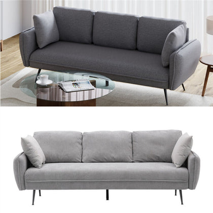 Grey Linen Fabric 3 Seater Sofa Couch Padded Settee w/ Pillows Metal Legs Lounge