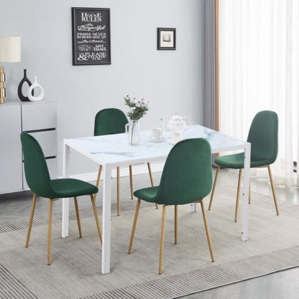4x Green Velvet Dining Chairs Wooden Metal Legs&White Marble Glass Dining Table