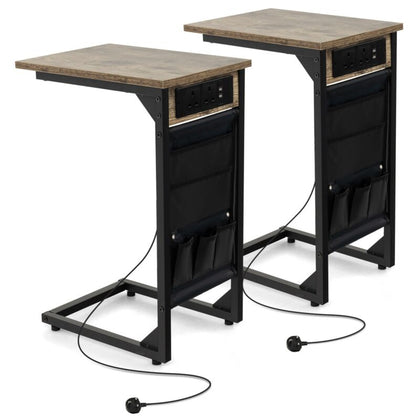 Set of 2 C-Shaped End Table Sofa Side Table W/ Charging Station & Side Storage