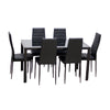 Modern Tempered Glass Black Dining Table Set with 6 Chairs Faux Leather Seat Kit