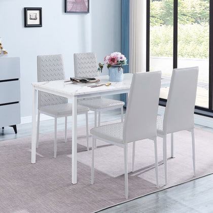 4pcs White Faux Leather Dining Chairs & White Marble MDF Top Dining Table Set