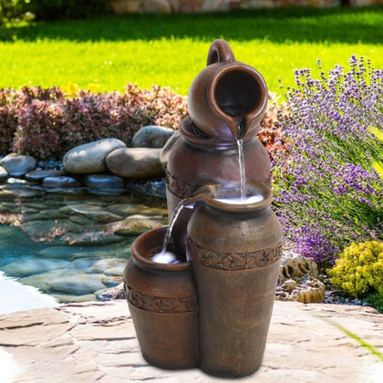 Outdoor LED Light Pottery Cascade Water Fountain Garden Feature Waterfall Statue