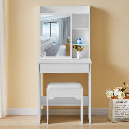 Wood Dressing Table Makeup Desk Adjustable Slide Mirror Stool Bedroom White