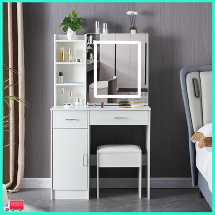 LED Lighted Mirror Vanity Set Large Drawers Bedroom Makeup Dressing Table &Stool