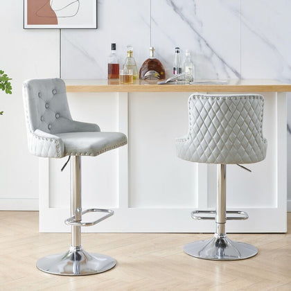 Set of 2 Modern Velvet Bar Stools Breakfast Home Kitchen Chair Bar Bistro Grey