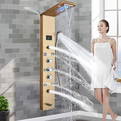 Gold LED Shower Panel Column Tower Massagers Body Jets Bathroom Mixer Taps Wall