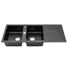 Black Kitchen Sink 2 Bowl Quartz Stone Washing Catering Sink W/ Right Drain Tray