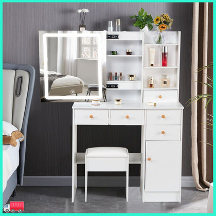 White Dressing Table Set Makeup Desk LED Lights Sliding Mirror 5 Drawers Vanity