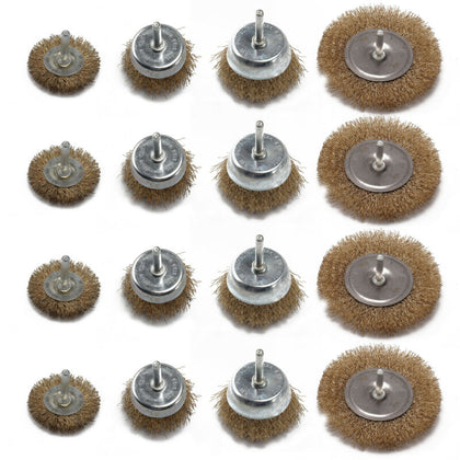 12x Drill Wire Wheel Brush Cup & Flat Crimped Steel Drill Attachment Brush Kits