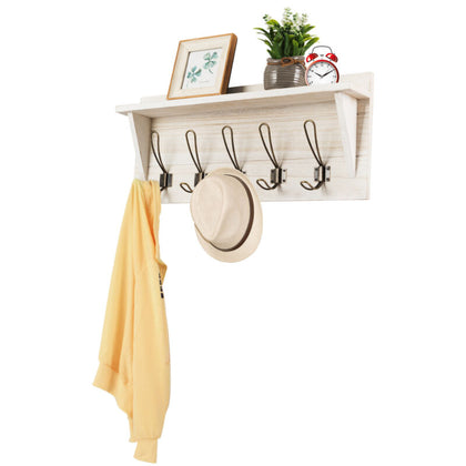 61cm Wall-Mounted Wooden Coat Rack Shelf with 5 Double Hooks & Top Display Shelf