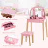 Kids Dressing Table and Stool Set Girls Vanity Table with Tri-Folding Mirror