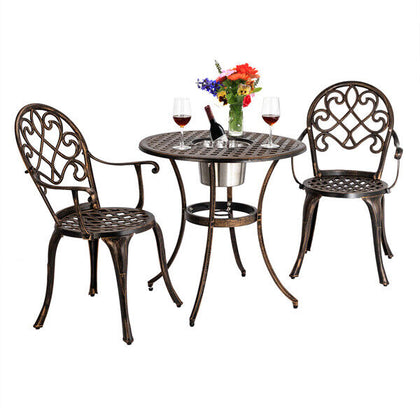 3 Piece Cast Aluminum Garden Table Chairs Set W/ Ice Bucket Outdoor Patio Bistro