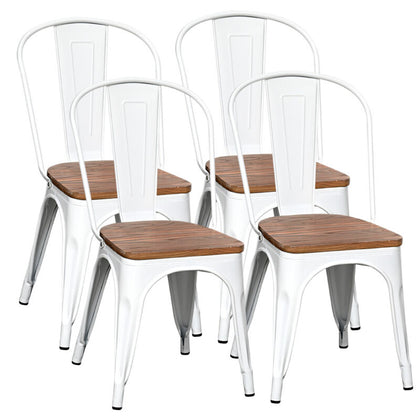 Set of 4 Dining Chairs Metal Industrial Side Chair Wooden Seat Bistro Cafe White
