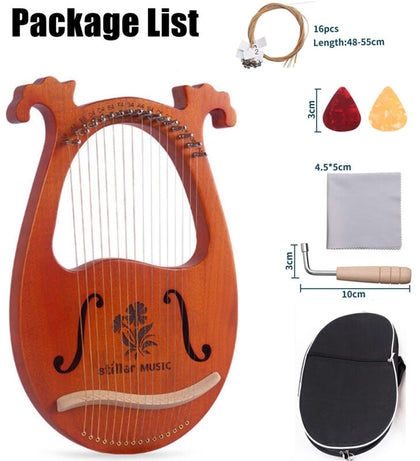 Lyre Harp 16 Strings Solid Mahogany Lyre String Instrument w/ Bag Tuning Hammer