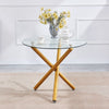 Round Clear Glass Dining Table & 4x White Faux Leather Dining Chairs Golden Legs