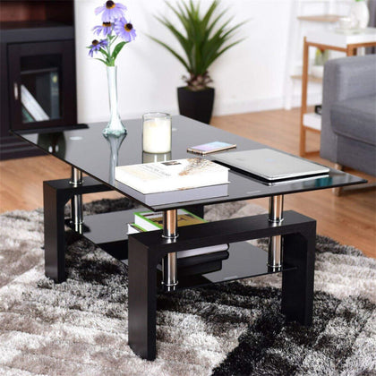 Modern Rectangle Glass Coffee Table With Storage Shelf Living Room Furniture BT