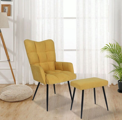 Linen Fabric Armchair with Stool, WingBack Lounge Accent Chair, Occasional Chair