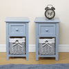 2 x Wood Bedside Tables Night Stand Cabinet Storage Drawer Wicker Baskets UK