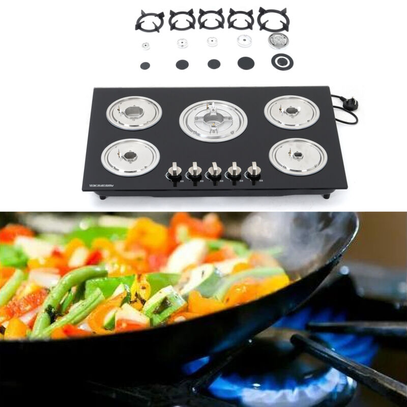 Built In 2/4/5 Burner Black Glass On Gas Wok Burner Hob With Cast Iron Pan Stand