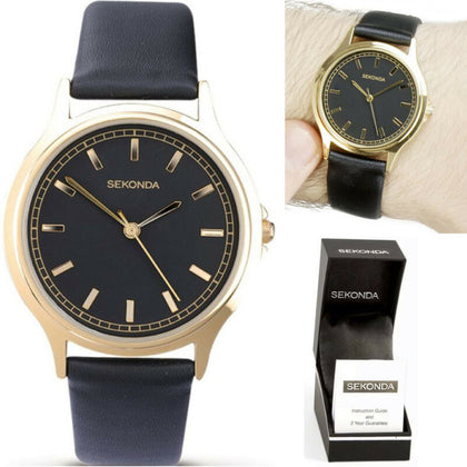 Mens Gents Watch Classic Gold Plated Black Leather Strap & Black Dial