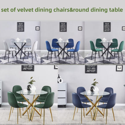 4x Velvet PU Leather Dining Chairs&Round Tempered Glass Dining Table Dining Set