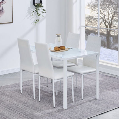 4x White Faux Leather Dining Chairs White Marble Tempered Glass Dining Table Set