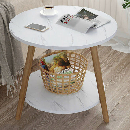 Elegant White 2 Tier Side End Table Round Coffee Tea Table Sofa Wood Legs Home