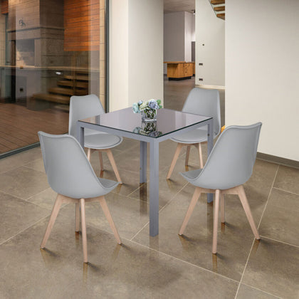 Modern Dining Table and 4 Chairs Set Tempered Glass PU Padded Seat Wooden Legs