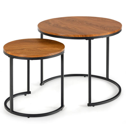 Set of 2 Round Nesting Coffee Table Compact Stacking Side Tables Space-saving