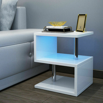White High Gloss Coffee Table Living Room LED Light Side End Table Home Office