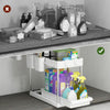2 Tiers Under Sink Storage Shelf Organizer Rack 4 Hooks and 2 Hanging Cups White