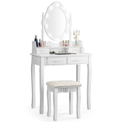 Vanity Dressing Table Set Wooden Mirror Makeup Dresser Table Stool W/ LED Light