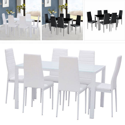 Metal Framed Tempered Glass Top Dining Table Faux Leather Chairs Set Black/White