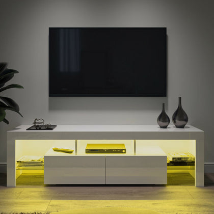 Modern TV Stand White High Gloss Cabinet Entertainment LED Lights Living Room