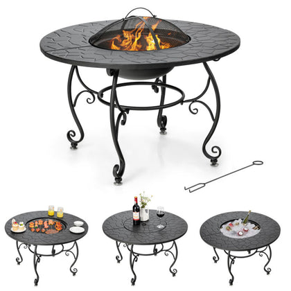 4 in 1 Outdoor Fire Pit Dining Table Round Wood Burning Fire Bowl W/ Mesh Cover