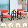 Outdoor 3 PCS Patio Rattan Wicker Rocking Bistro Set W/ Glass Table & Cushions