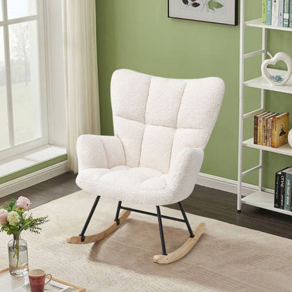 Teddy White Patchwork Linen Rocking Chair Lounge Relaxing Armchair W/Wood Legs