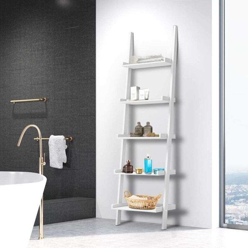 Mdf Ladder Rack Display 5 Tier Wooden Wall Rack Leaning Ladder Shelf Unit Bookcase Display MDF ...