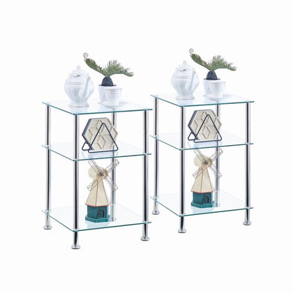Pair of 3 Tiers Square Clear Tempered Glass Sofa Side End Table Bedside Table