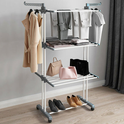 3 Tier Folding Clothes Hanging Rail Airer With Wheel Garment Drying Holder Rack
