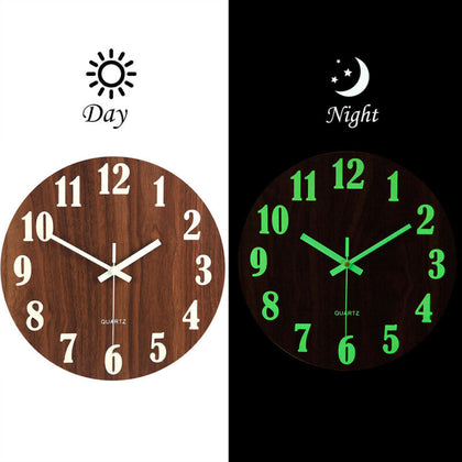 12'' Large Silent Luminous Wooden Quartz Wall Clock 3D Night Clock Home Decor UK