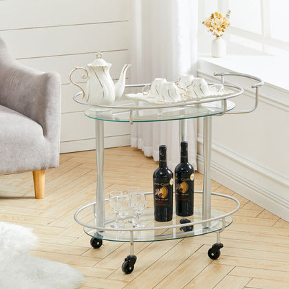 Silver Drinks Trolley 2 Tier Glass Rack Display Storage Kitchen Bar Serving Cart